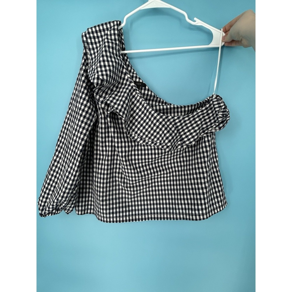 J CREW Black & White Gingham Check One Shoulder Ruffle Blouse Top Size 16‎